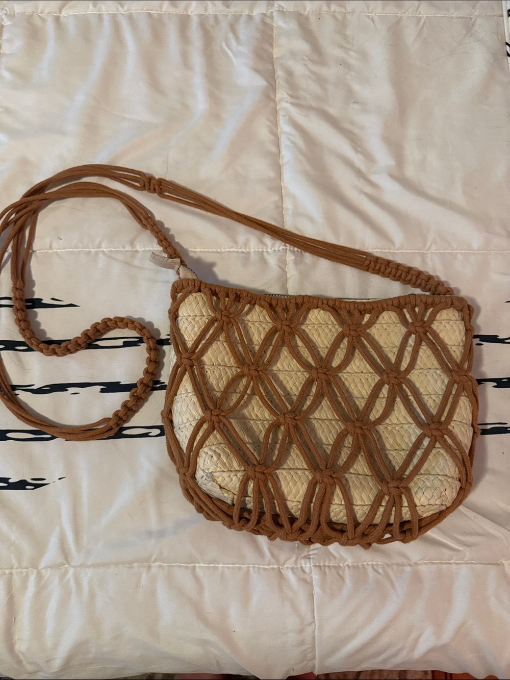Universal Thread Woven Straw Crossbody Bag with Brown Macramé Overlay